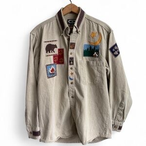 Vintage Three Rivers Camp Lodgecore Shirt Beige Bear Canoe Applique Cabin SMALL